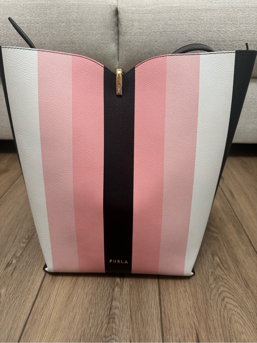 Furla Pink Stripe Tote with Black Center Panel